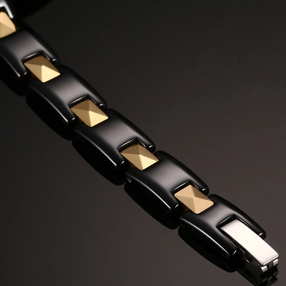 Vinterly Chain Bracelet Black Gold-color 7mm Ceramic Health Energy Magnetic Hematite Bracelets for Women Jewelry Waterproof