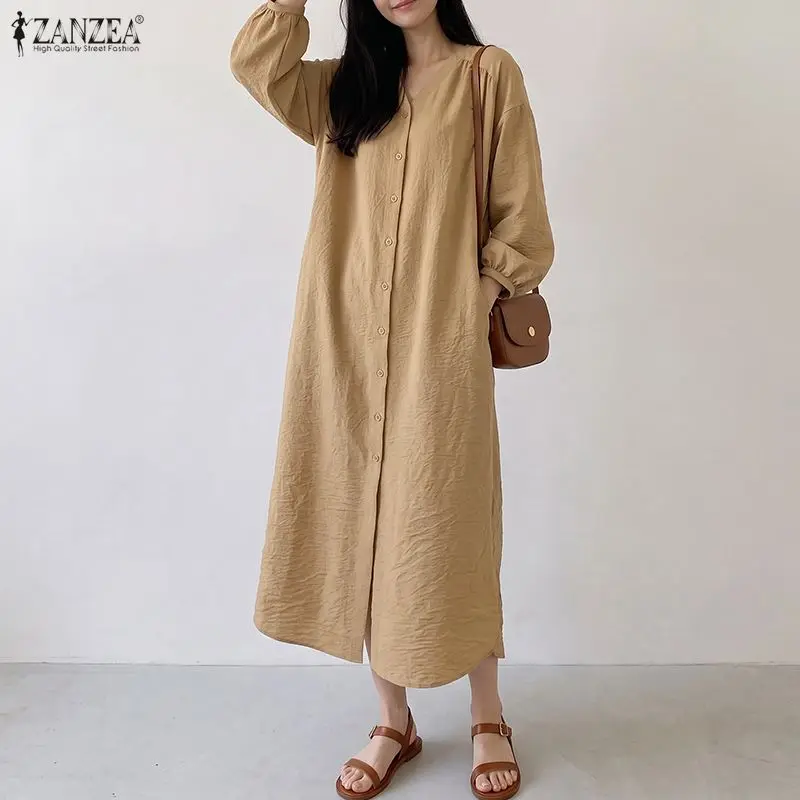 Casual ZANZEA Women Shirt Dress V Neck Button Lantern Three Quarter Sleeve OL Party Solid Side Split Oversized Midi Long Dress