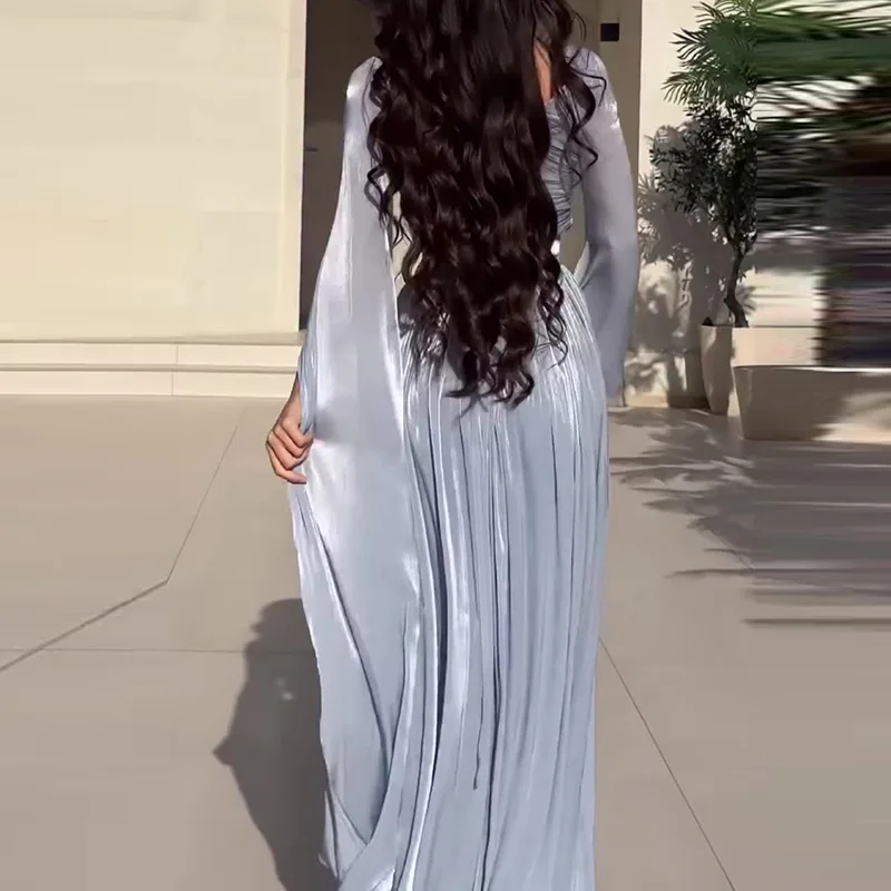 Elegant Slant Shoulder Draped Gowns Dress Casual Split Long Sleeve Solid Party Dress Women Fashion Hight Waist Slim Long Dress - Image 3