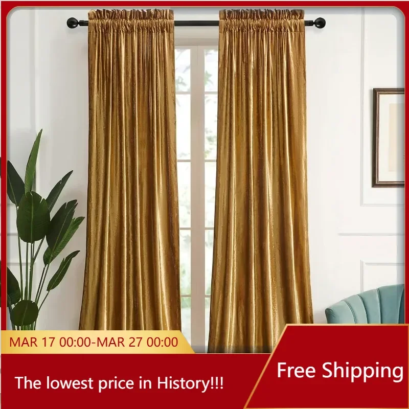 Living Room Velvet Rod Pocket Curtains Deal with Half Room Darkening Decorative Gold Curtains Bedroom Set of 2 Panels