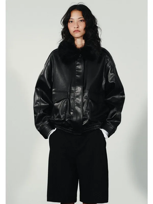 

Повседневная свободная куртка из искусственной кожи со съемным меховым воротником, женская модная осенняя новинка, на молнии, с длинными рукавами