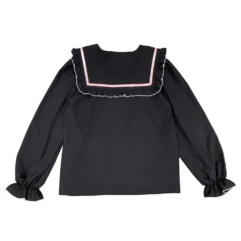 Kemeja Lucu Ruffles Pita Kerah Angkatan Laut Elegan Lengan Panjang Jepang Baru 2025 Atasan Hitam Longgar Serbaguna Pengurang Usia Anak Perempuan Manis