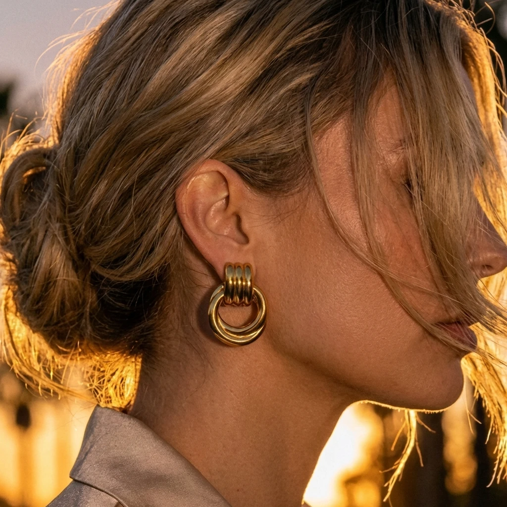 Lightweight Hollow Back Door Knocker Earrings for Women Chunky Gold Color Interlocking Hoops No Droop Comfortable Jewelry Gift