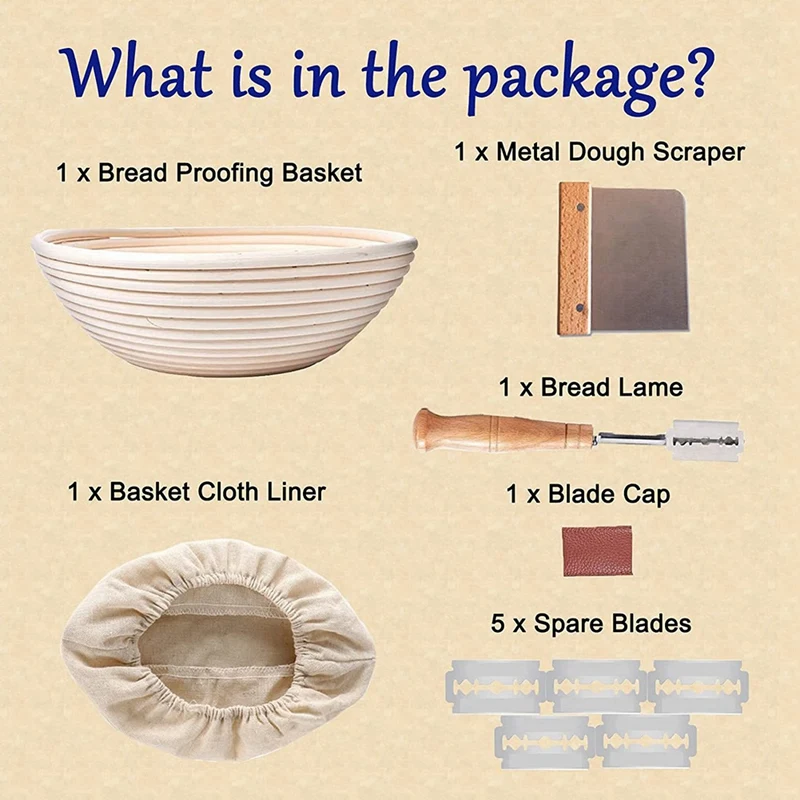 Proofing Basket With Liner, Metal Dough Scraper Sourdough Kit, Rattan Bread Making Tools For Home