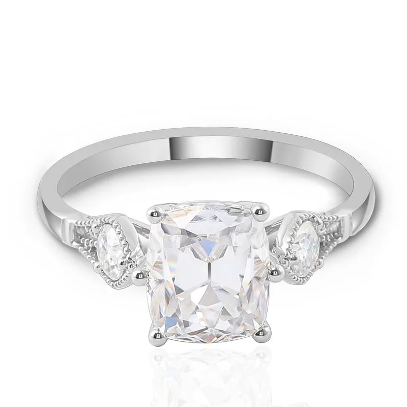 Provence 10K White Gold Three Stone Milgrain Ring With 7*9mm Elongated Cushion OMC Moissanite For Women Engagement Ring Gift