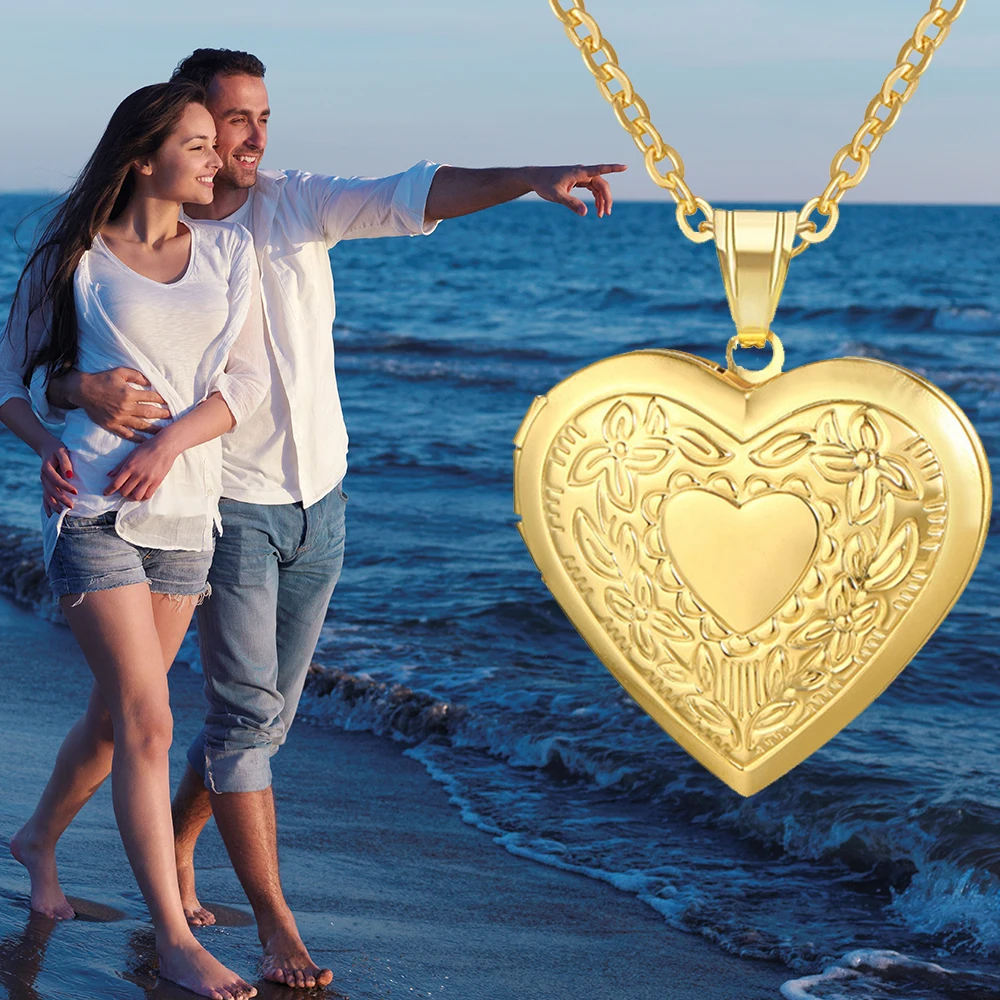 Romantic Heart Locket Pendant Female Gold Color Stainless Steel Openable Photo Frame Necklace for Women Jewelry Valentine\'s Gift