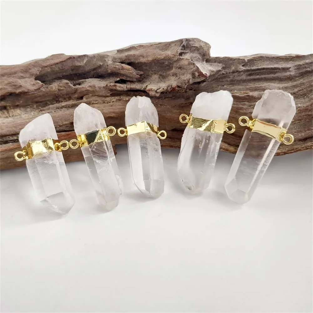 

FUWO Wholesale Natural Crystal Quartz Column Pendant,18K Gold Plated White Clear Quartz Point Connector Jewelry PD406G 5PCS/Lot