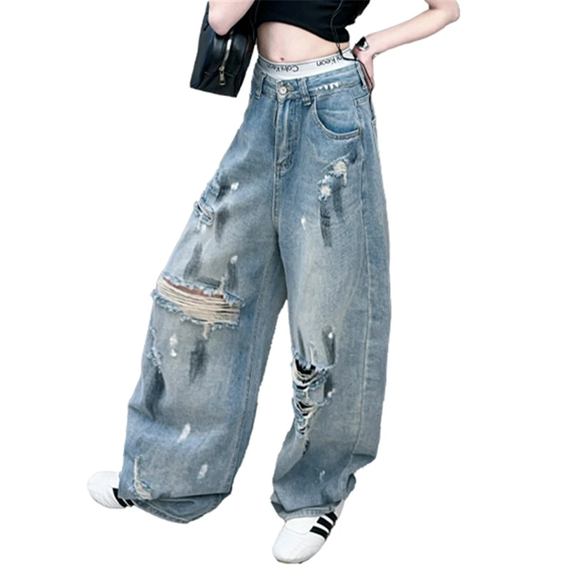 Kids y2k Baggy Jeans Girl Harajuku Vintage Hiphop Ripped Jeans Trousers with Drawing Child Hip Hop Streetwear Casual Denim Pants