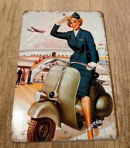 Vintage Look 74 Motorcycle Stewardess on Scooter Airlines  Metal Wall Sign