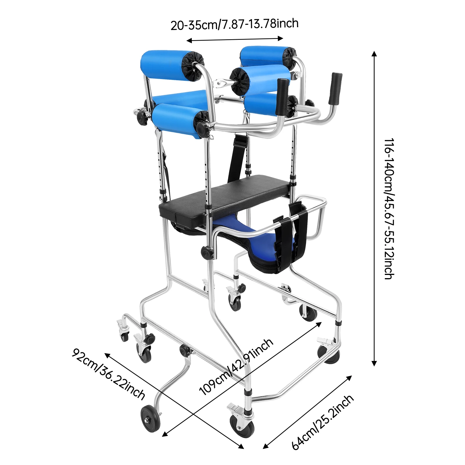 2-in-1 Adjustable Rollator Walker Transport Chair Mobility Aid Walking Aid for Seniors Recovery Cerebral Palsy Standing Support