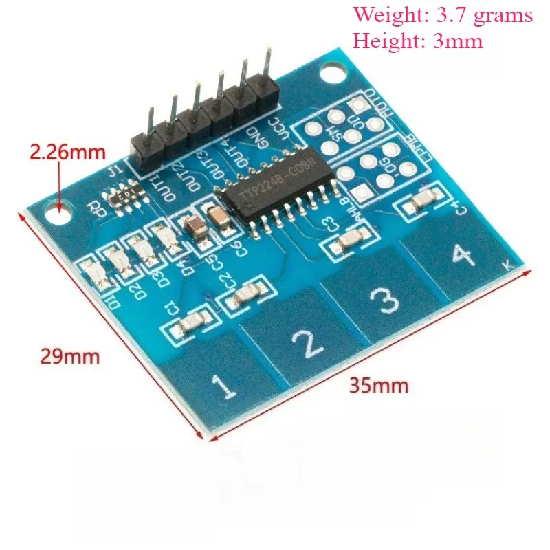 Moduł dotykowy pojemnościowy TTP224, 4-kanałowy |   Wysokoczuły przełącznik dotykowy z zabezpieczeniem przed przypadkowym dotknięciem |   Czujnik cyfrowy dla Arduino Raspberry