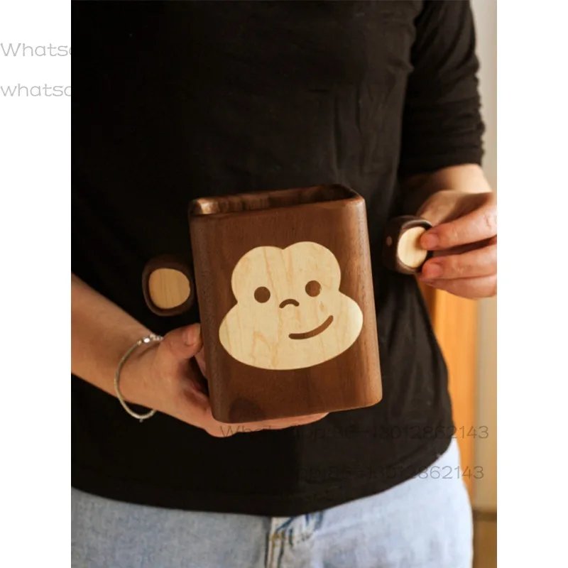 Cute black walnut solid wood little monkey pen holder office supply pen insert wooden birthday gift lettering