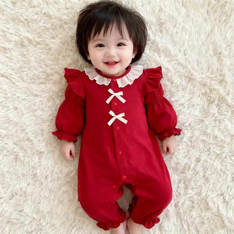 

Christmas Newborn Baby Girls Romper 0-3Yrs Cosy Round neck Baby Jumpsuits Autumn Bow Rompers Kids Onepiece Fashion Baby Clothing