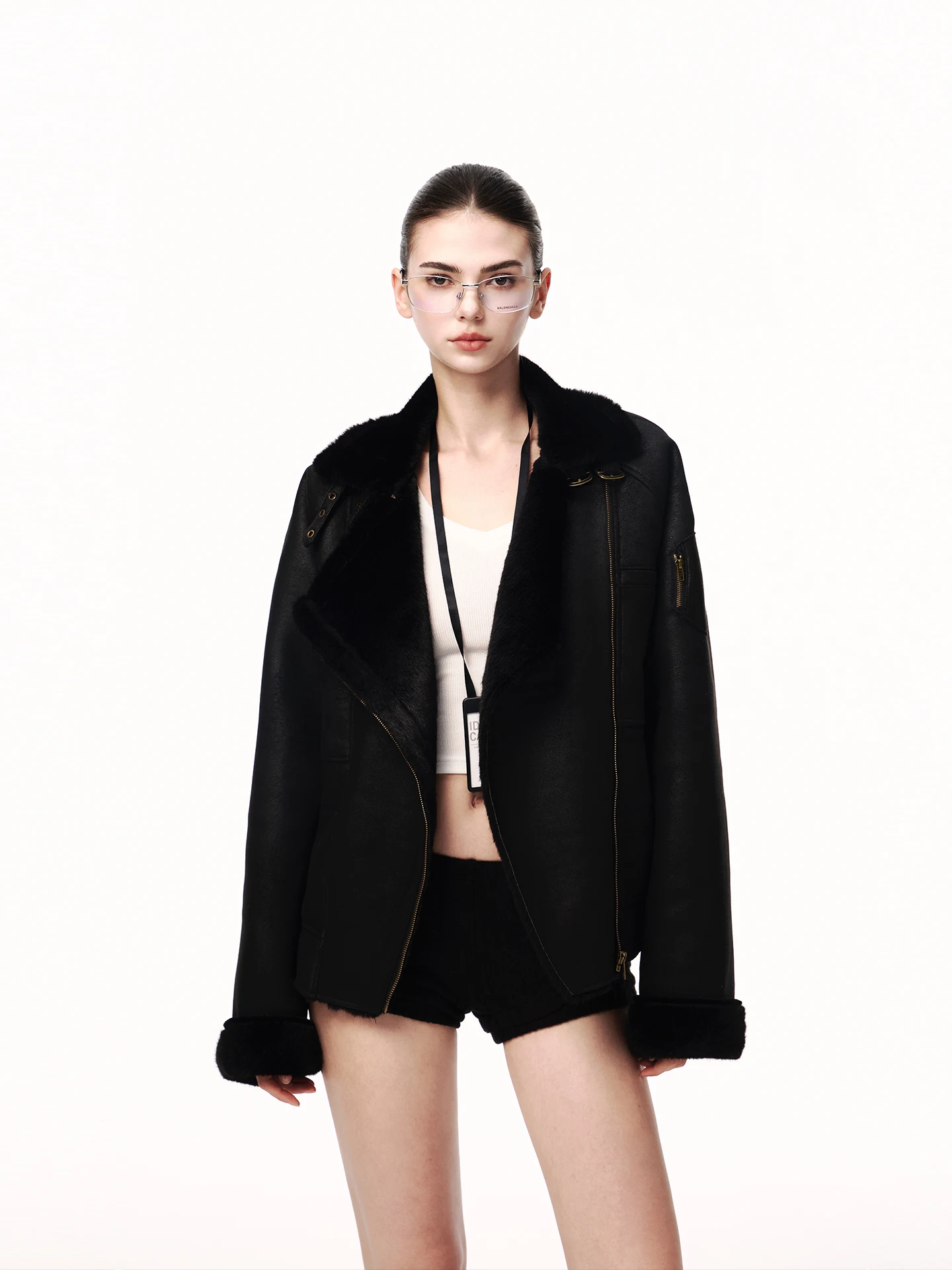 Jaqueta Feminina JLAUNT de Couro Preto, Inverno, Estilo Retrô Solto, com Forro de Pele, Top Curto, Agasalho de Fibra de Poliéster