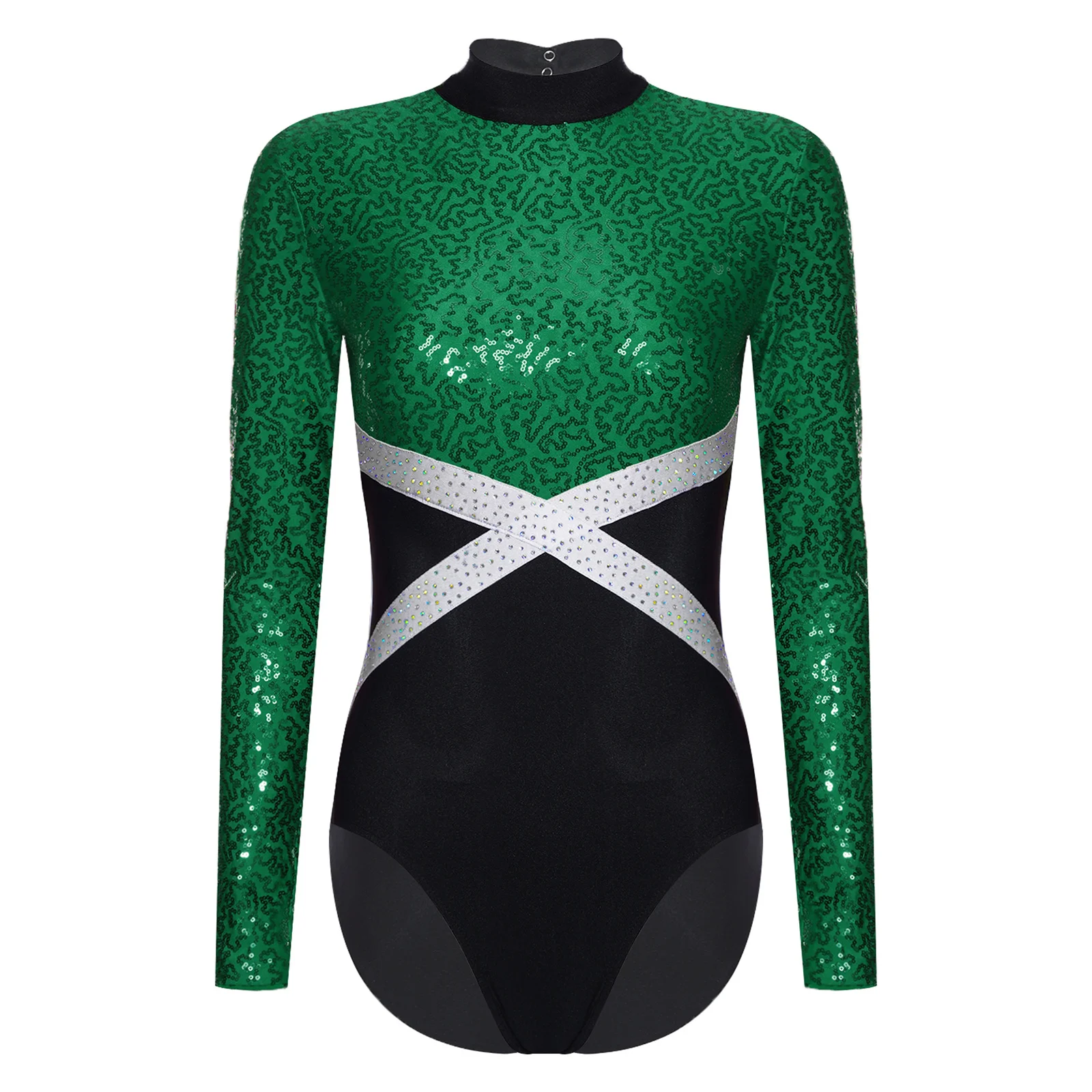 Womens Glittery Sequin Gymnastic Leotard Ballet Dance Bodysuit Long Sleeve Hollow-Out One-piece Bodysuit Figure Skating Jumpsuit