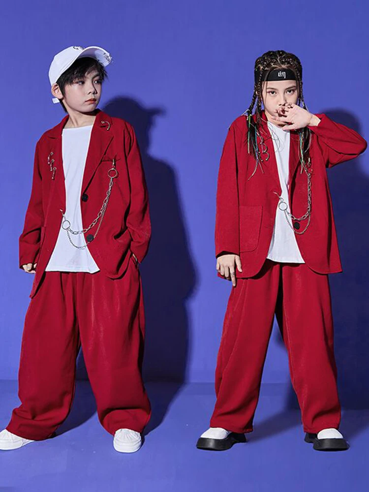 2023 Burgundy Suit For Kids Hip Hop Dance Costume Jazz Performance Clothes Girls Kpop Outfit Boys Street Dance Stage Wear BL9926