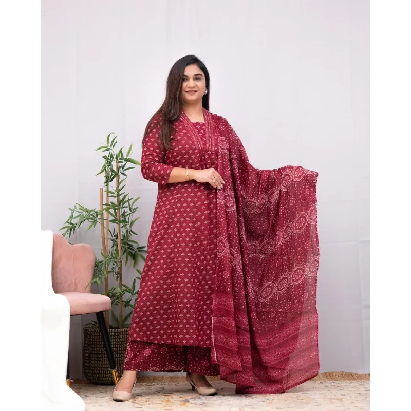 Women Salwar Kameez Dress Pink Color Printed Kurti Palazzo with Dupatta Suit Set