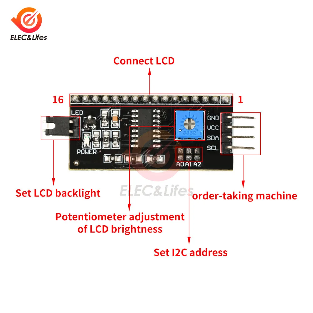 5pcs IIC I2C 인터페이스 보드 포트 1602 2004 LCD LCD1602 어댑터 플레이트 LCD 어댑터 변환기 모듈 PCF8574 DC 3-6V