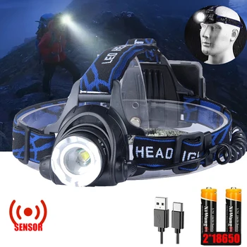울트라 브라이트 줌 센서 LED 헤드 손전등, USB 충전식 T6 헤드램프, 18650 배터리 포함, 캠핑 낚시 야외 헤드라이트