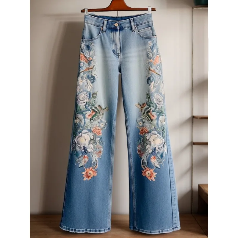 

Women's clothing spring and autumn high quality embroidery printed straight jeans fashion western baggy jeans wide leg pants