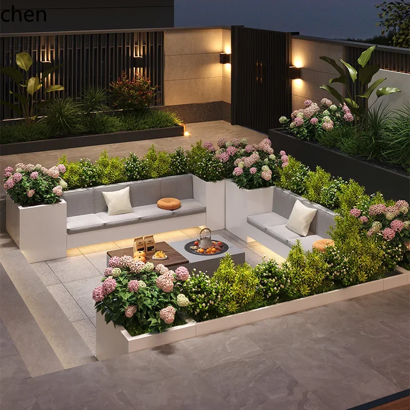 Stainless Steel Flower Box Planter Outdoor Courtyard Seat Combination Terrace Iron Art Flower Bed Bench Partition Flower Pond