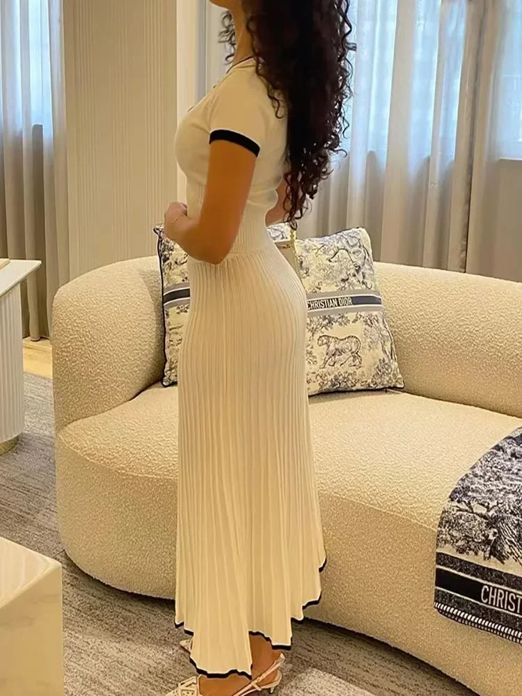 2024 White Long Skirt For Ladies Two Piece Pleated Long Skirt V Neck Crop Top Set Elegant Dress 2 Piece Skirt Set Office Summer