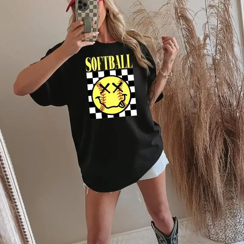 

Adult Softball Happy Face T Shirt Retro Checkerboard Comfort Colors For Lover Crewneck Vintage Style Soft Ball