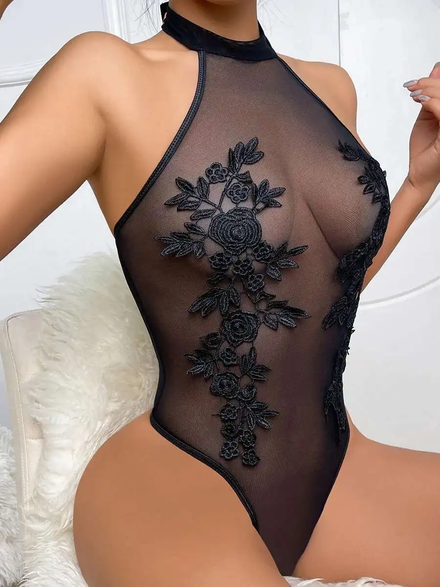 

Новые сексуальные женские боди без вырезов с цветочной вышивкой и открытой спиной, глубокий V-образный вырез, боди без рукавов, очаровательные элегантные повседневные 7IBJ