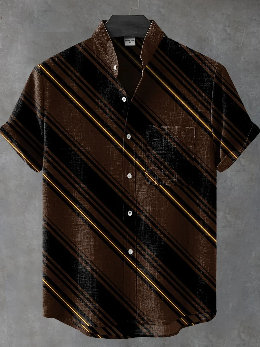 New best-selling men's irregular pattern printed casual street wear, retro linen stand-up collar short-sleeved shirt, fast deliv