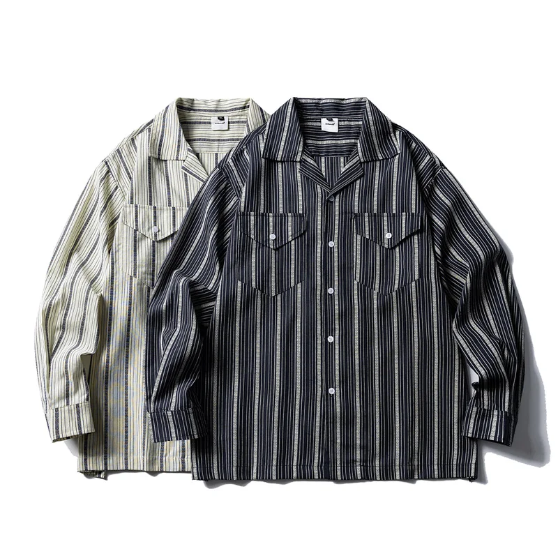 Vintage Fashion Cuban Collar Shirt Men Fashion Loose Casual Long Sleeve Stripe Plus Size Shirts Cityboy Oversize Blouse