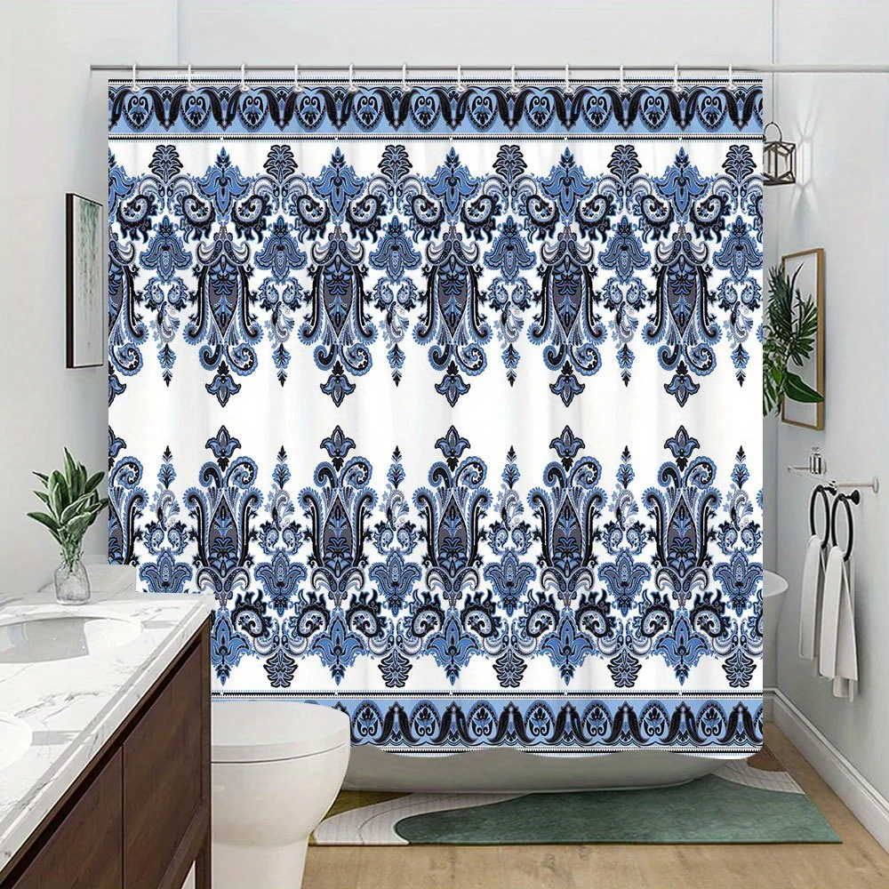 1 cortina de ducha azulejo azulejo: diseño de cachemira azul y negro, arte cerámico portugués, poliéster, 70x70", 12 ganchos