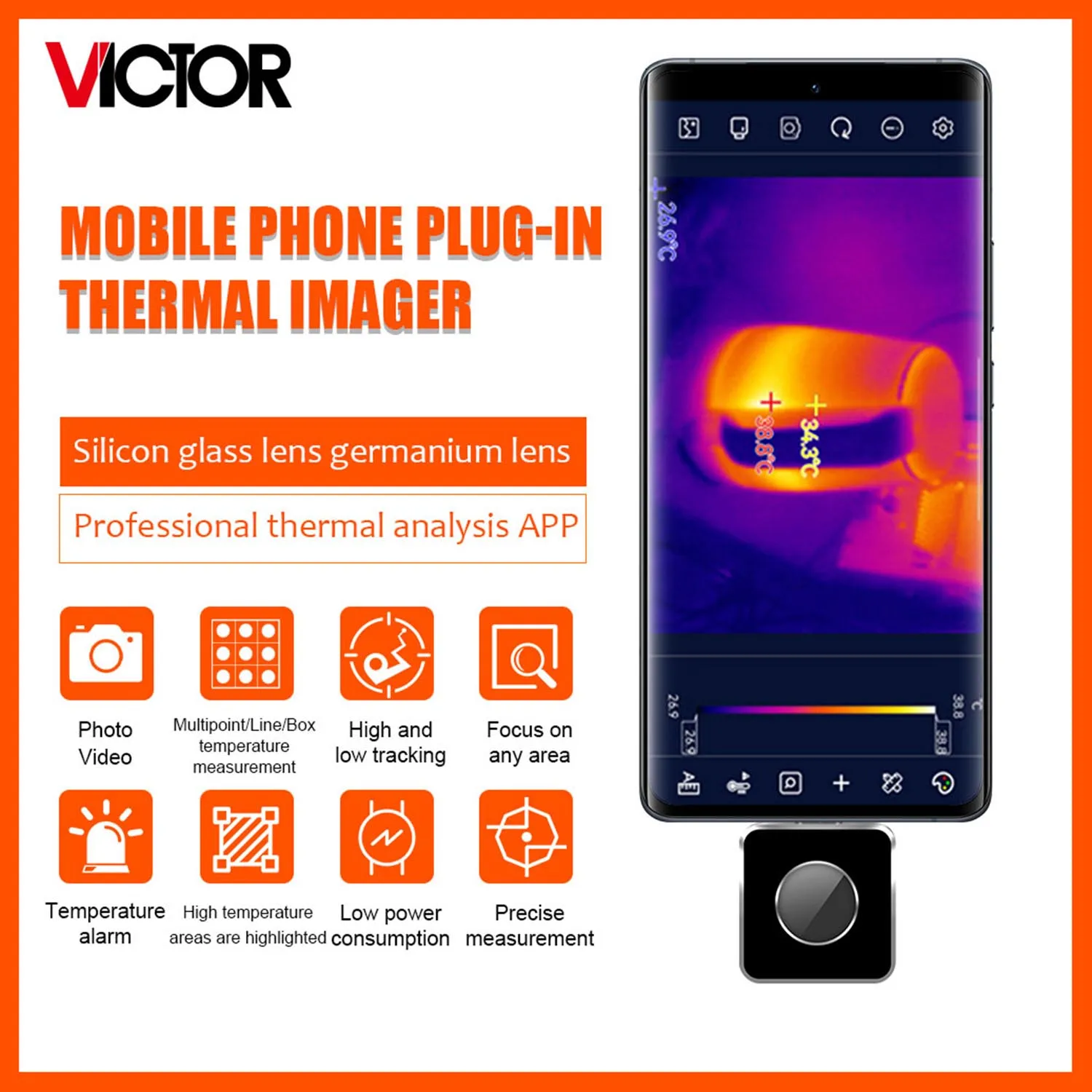 VICTOR 328A 328B portable mobile phone infrared thermal imager 3.2mm lens resolution 160x120 temperature range -15 - 600 celsius