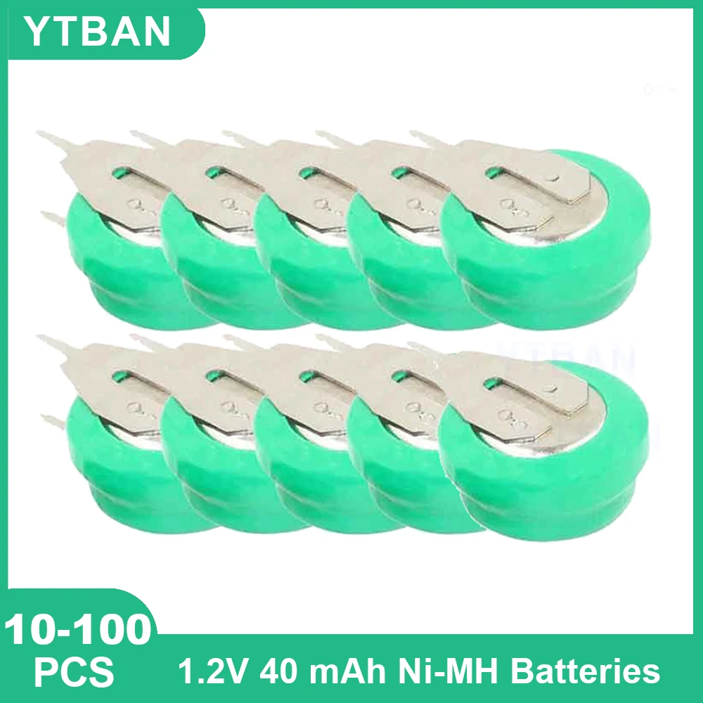 10-100pcs 1.2V 40mAh Ni-MH Rechargeable Battery Button Coin Cell with Welding Pins for Toy Timer Solar Energy Electric