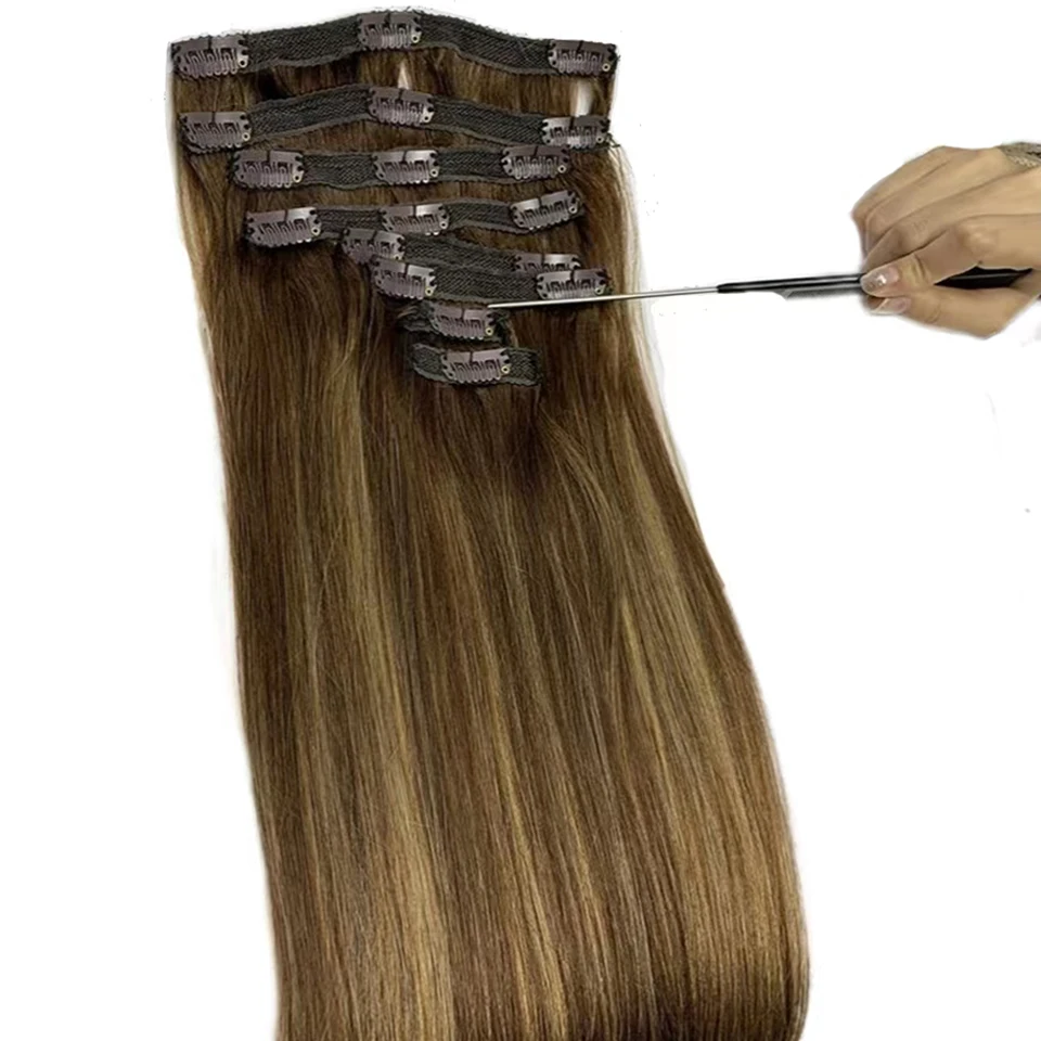 Extensiones de cabello humano con Clip, 8 unids/set, 8 unids/set/juego #4/27, Color de resaltado, pelo Remy de 8-26 pulgadas, 120G