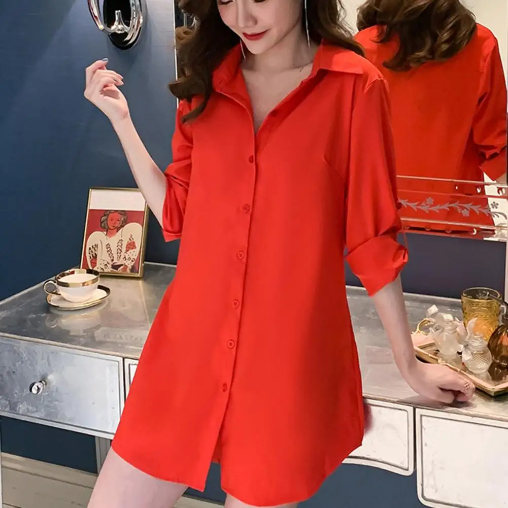 

Women Shirt Dress Long Sleeve Button Up Dress Stylish Women's Casual Shirt Dress Mid-length Lapel Long Sleeve Single for Spring