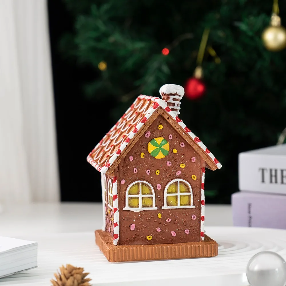 

Luminous Gingerbread House Ornament LED Light Resin Christmas Village Cottage Statue Collectible Gingerbread House Figurines