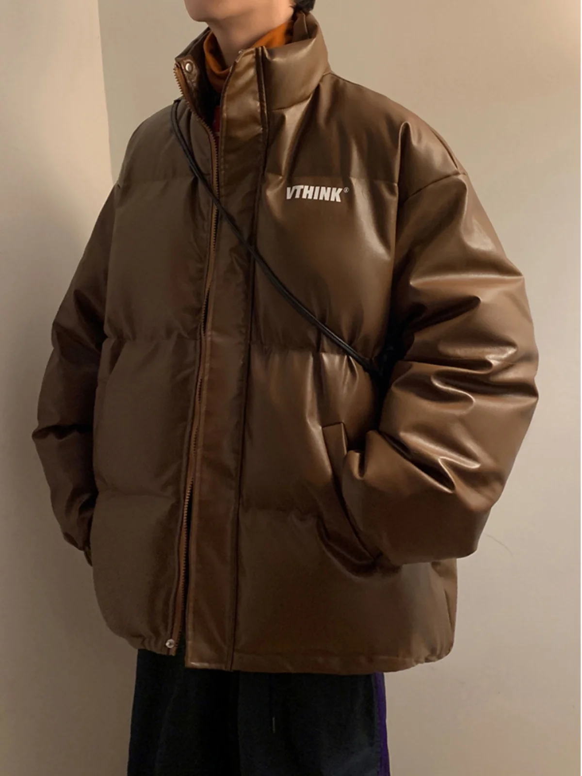 

American Retro PU Leather Cotton Jaet Men's Winter Thiened Bread Sle Faion Brand Haome High-End Cotton Coat