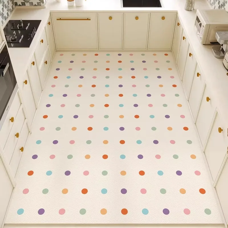 

Colorful Polka Dot Kitchen Carpet Oil Stain Resistant Cuttable PVC Leather Rug Fashion Art Home Decorative Balcony Floor Mat 러그