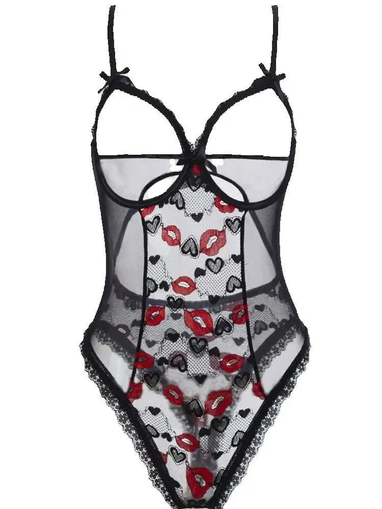 

SsTss женское сексуальное женское белье боди с красными губами прозрачное кружево Тедди ночная рубашка ультратонкая полая романтическая одежда для сна на День святого Валентина