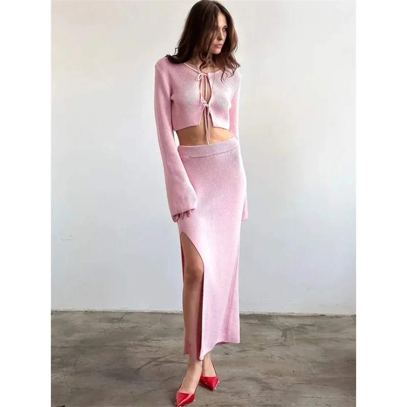 

Summer Casual Holiday Outfits Female Hollow Out Lace-Up Knit 2 Piece-Set Beach Clothes Women Knitwear Long Skirt Sets 2025