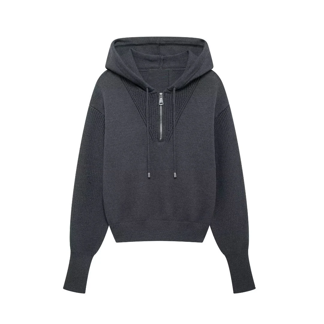 Tangada 2024 Women Zipper Hood Sweater Jumper Long Sleeve Female Crop Pullovers BE0326