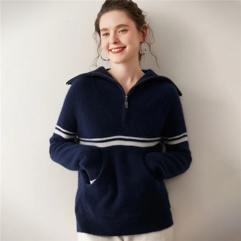 100% Cashmere Women's Sweater Collar Women's Knitted Hoodie Thickened Black Women's Sweater Zipper Women's Sweater