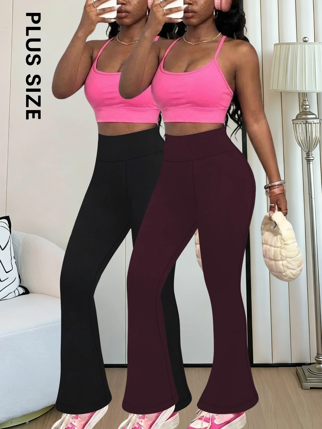 

2 Pack Plus Size Ladies high-rise flared yoga trousers with leg bottom. Perfect for yoga or casual.