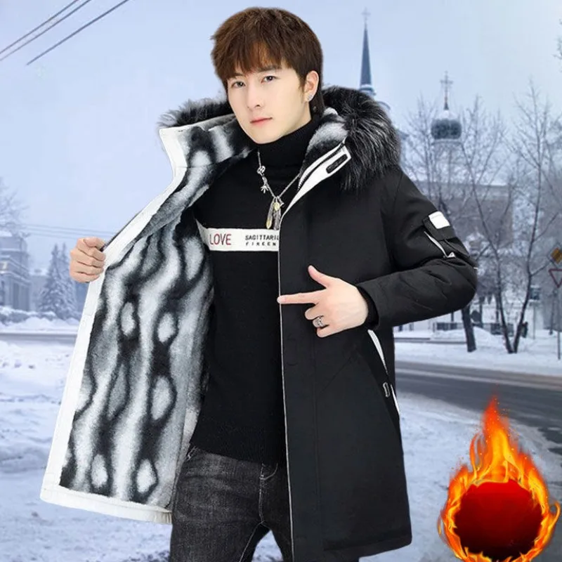 2023 New Men Cotton Coat Winter Jacket Mid-length Loose Parkas Plus Fleece Thicken Warm Outwear Hooded Trend Slim Overcoat