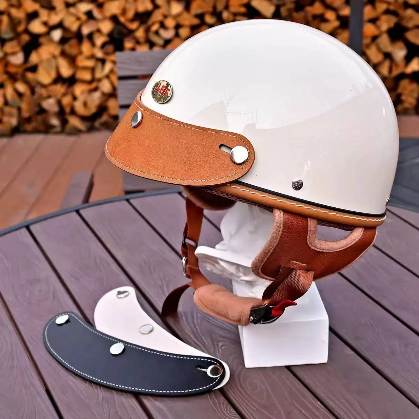 

Three Snap Helmet Visor Metal Snaps Snap-Fastened Visor Brim Leather Helmet Brim Stitched Perimeter Curved