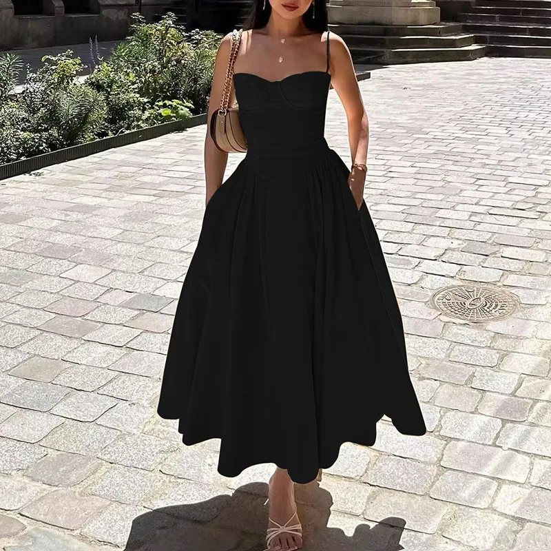 Spaghetti-Träger-Midikleid mit Herzausschnitt und Taschen, eleganter A-Linien-Schwingrock, formelles Abendkleid für Damen – Detail 4