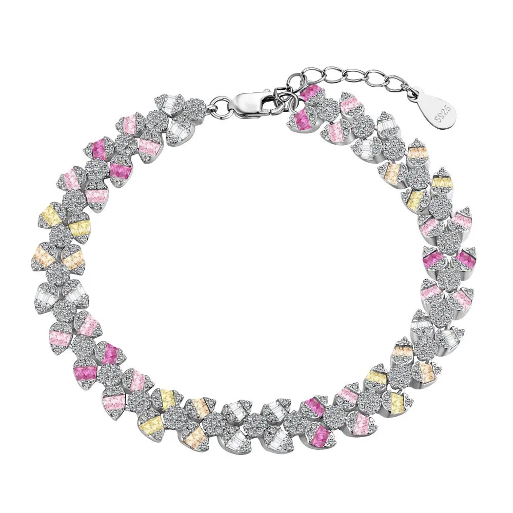 Iced Out s925 Sterling Silver Bracelet Jewelry Set Cz Cubic Zirconia Colorful Pink Stone Diamond Tennis Bracelets Women