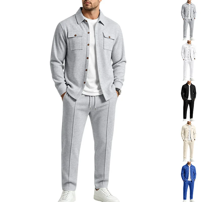 European and American style men's waffle solid color tooling suit, lapel jacket, top and trousers two-piece set