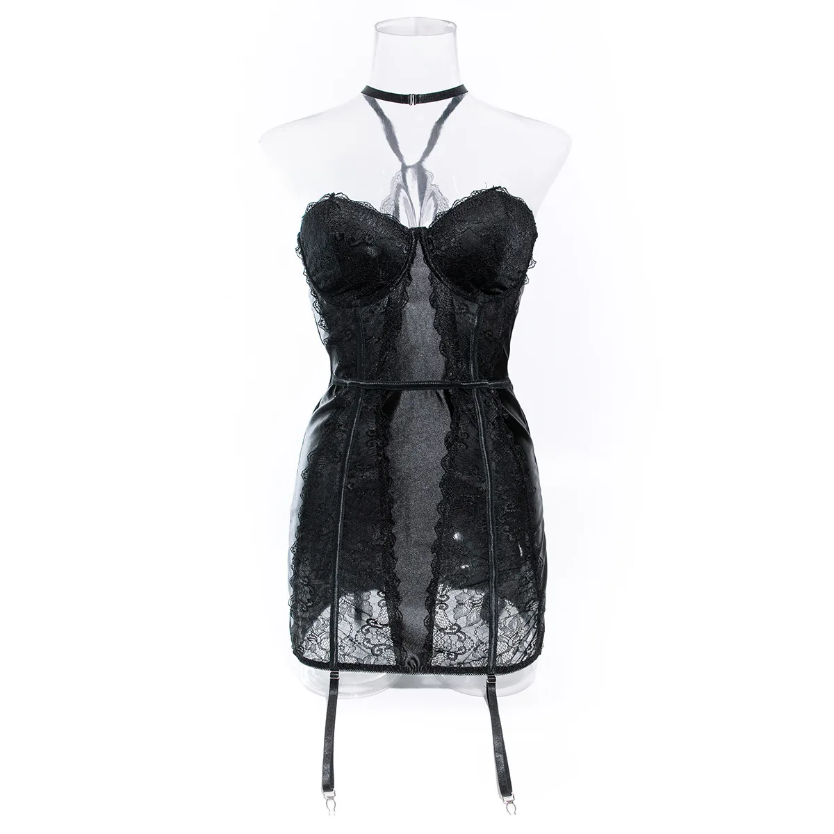 Women Sexy Bodycon Dresses Corset Tube Top Hip Wrap Dress Lace Transparent Steel Ring Pajamas Mini Dresses Garter Belt