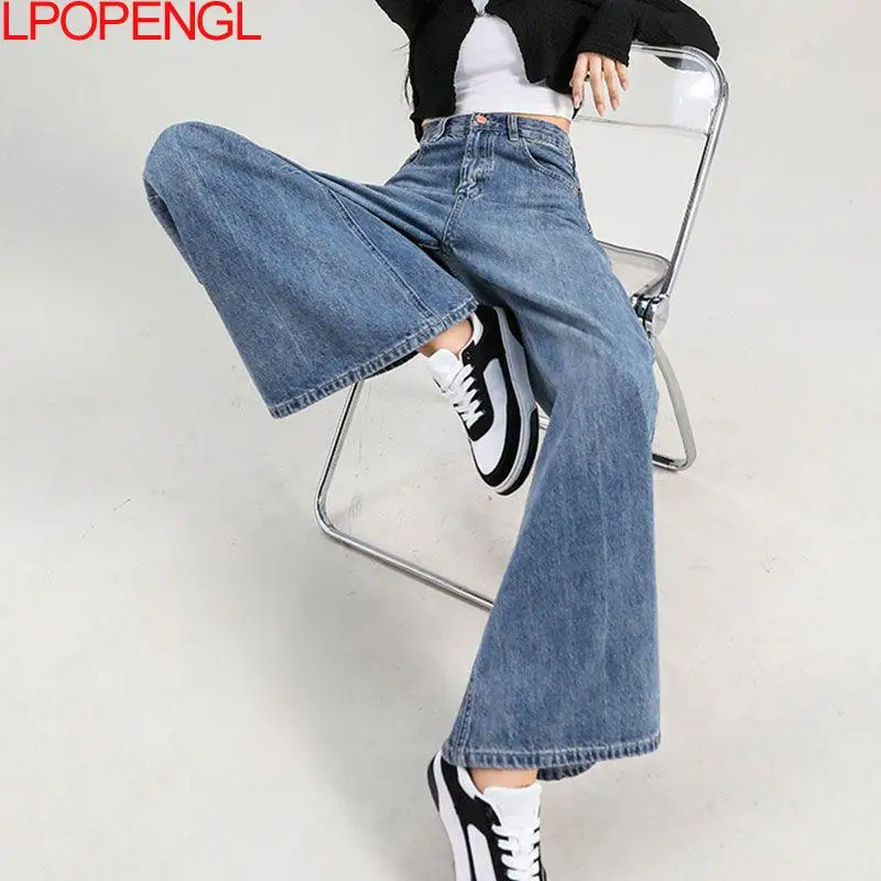 Damen Frühling und Herbst lose einfarbige gerade Jeans 2024 neue hoch taillierte vielseitige Streetwear-Knopf-Hose mit weitem Bein